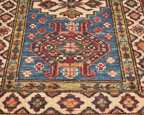 2x3 Blue Kazak Afghan Hand Knotted Wool Area Rug